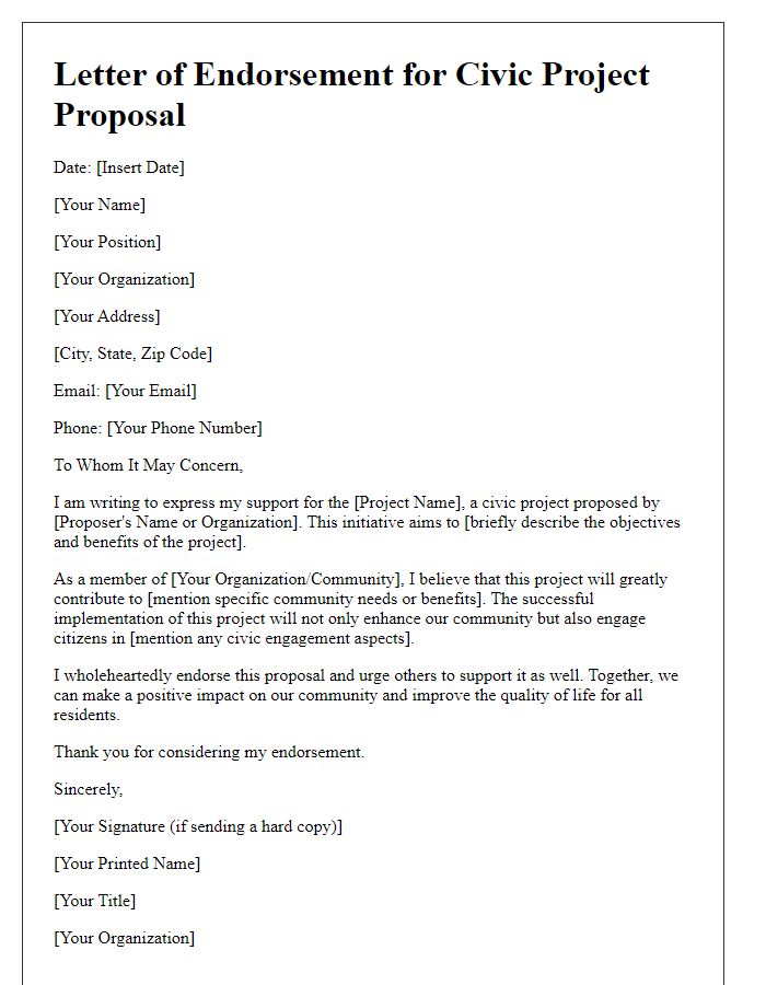 Letter template of civic project proposal endorsement