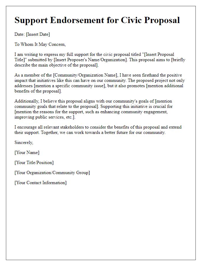 Letter template of civic proposal support endorsement