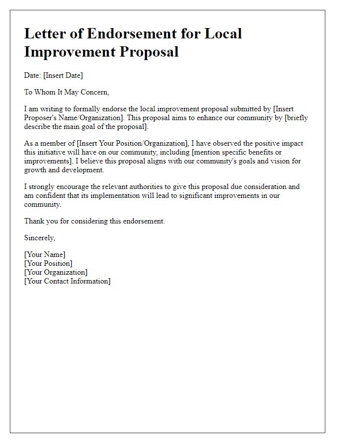 Letter template of local improvement proposal endorsement