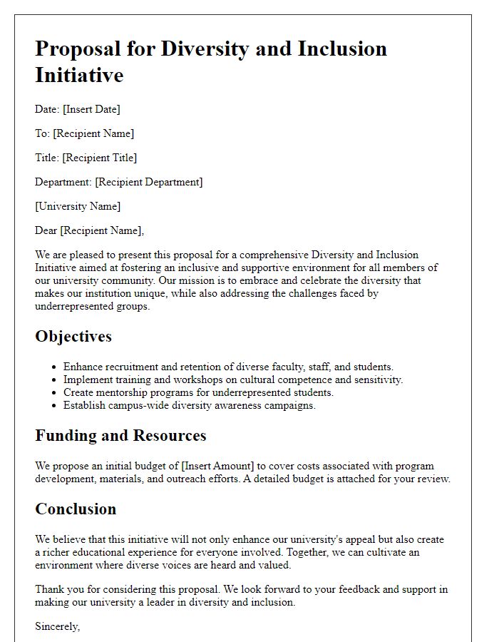 Letter template of university proposal for diversity and inclusion initiative