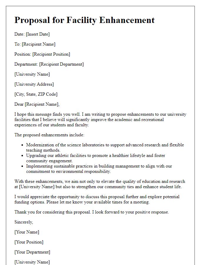 Letter template of university proposal for facility enhancement