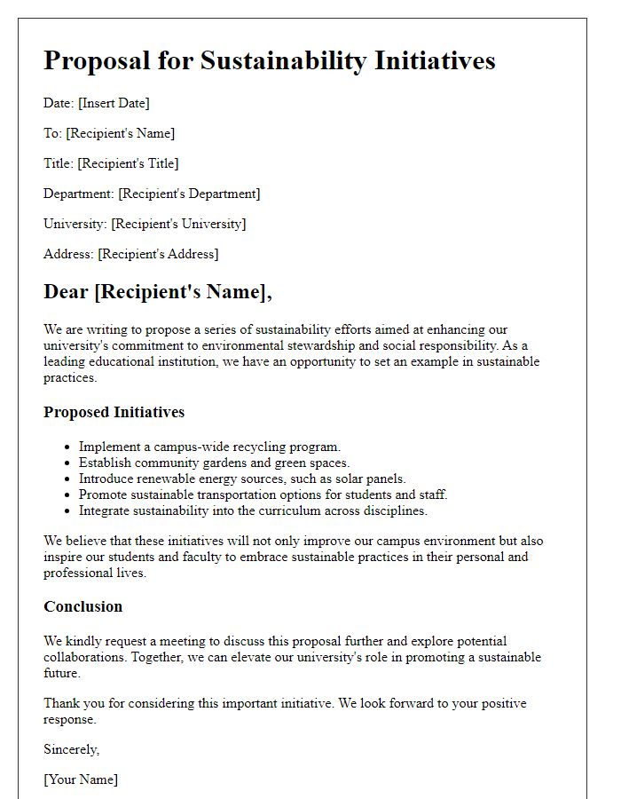 Letter template of university proposal for sustainability efforts