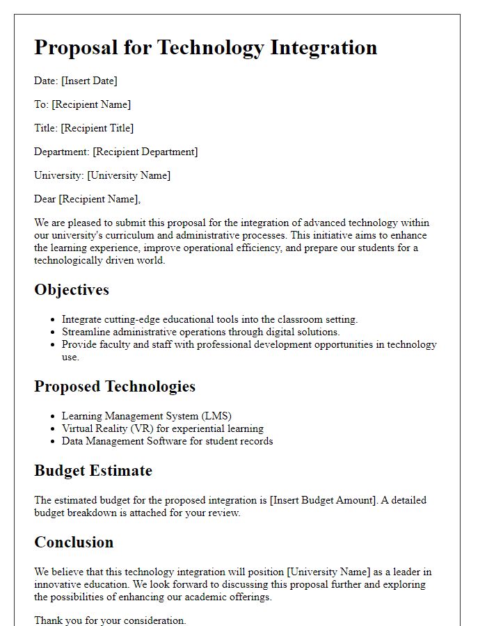 Letter template of university proposal for technology integration