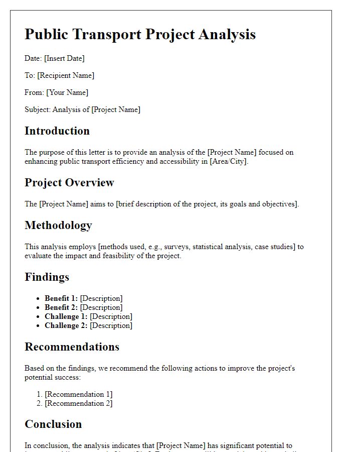 Letter template of public transport project analysis