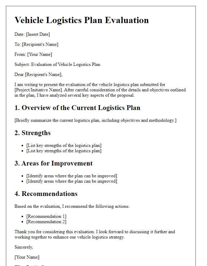 Letter template of vehicle logistics plan evaluation