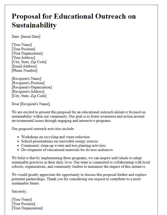 Letter template of environmental proposal for educational outreach on sustainability.