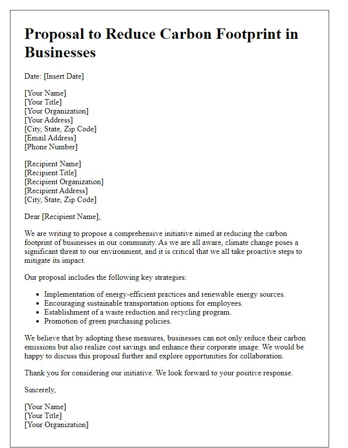 Letter template of environmental proposal for reducing carbon footprint in businesses.