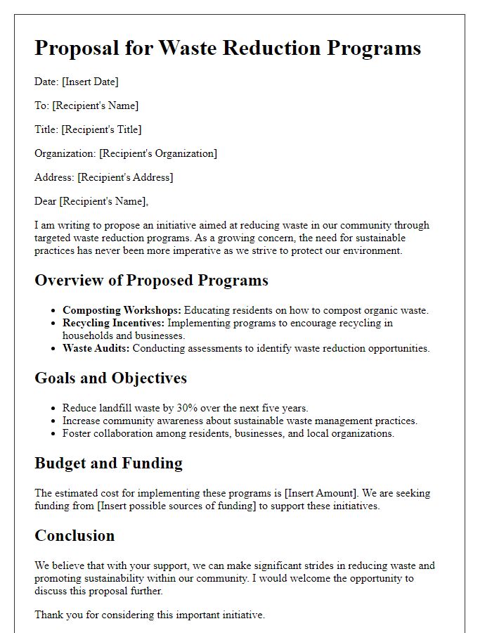 Letter template of environmental proposal for waste reduction programs.