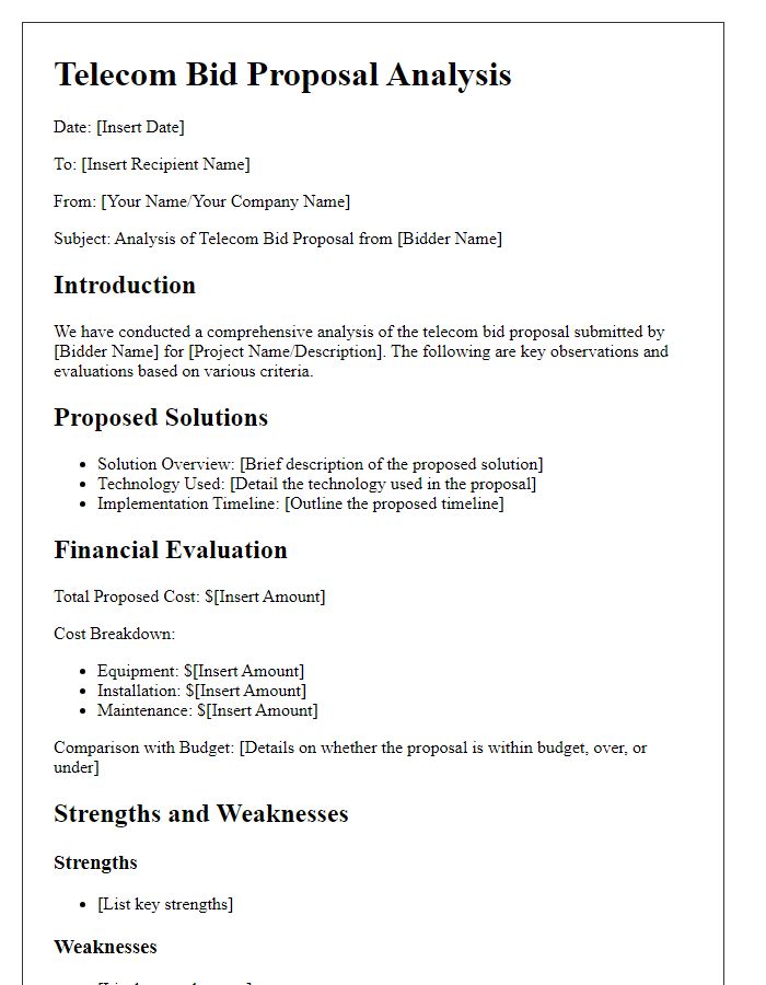 Letter template of telecom bid proposal analysis