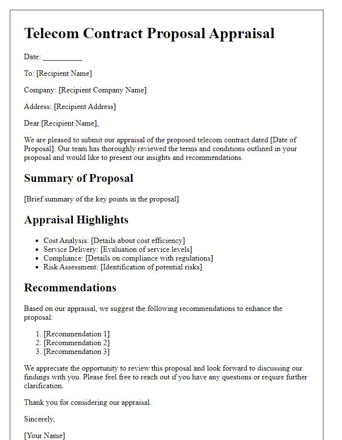 Letter template of telecom contract proposal appraisal