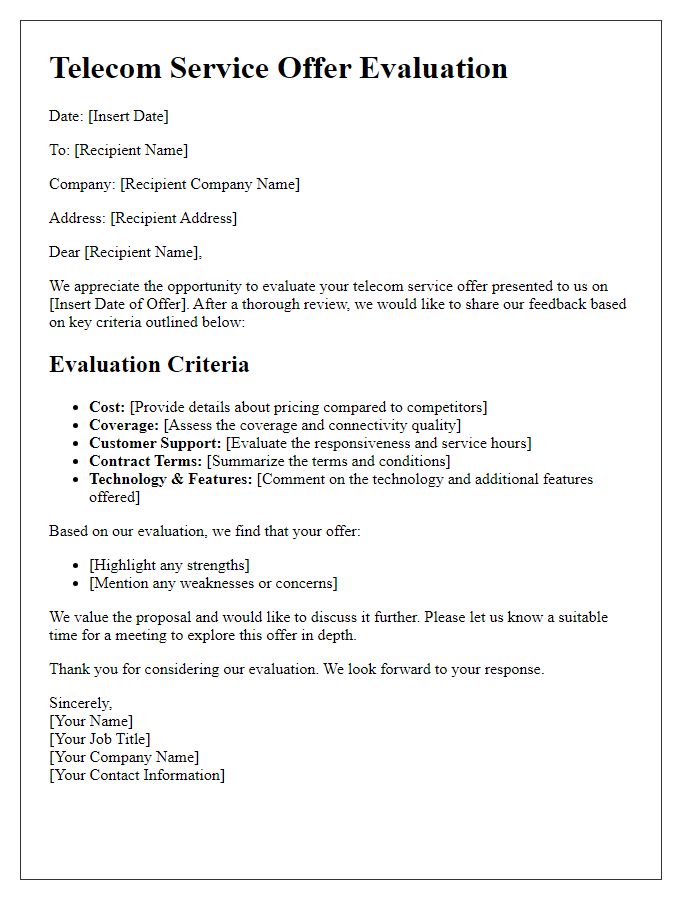 Letter template of telecom service offer evaluation