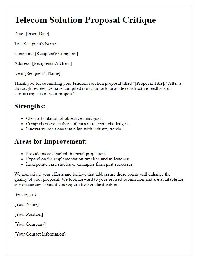 Letter template of telecom solution proposal critique