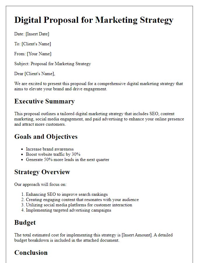 Letter template of digital proposal for marketing strategy