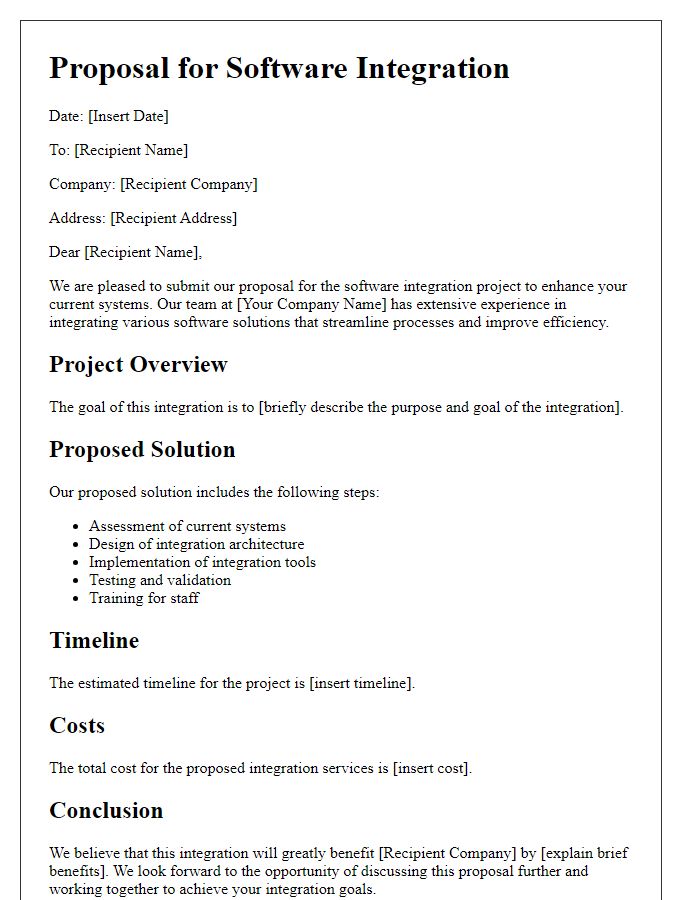 Letter template of digital proposal for software integration