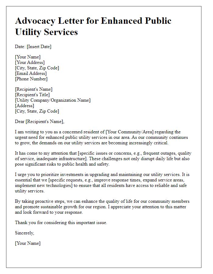 Letter template of advocacy for enhanced public utility services