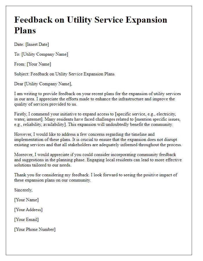 Letter template of feedback on utility service expansion plans