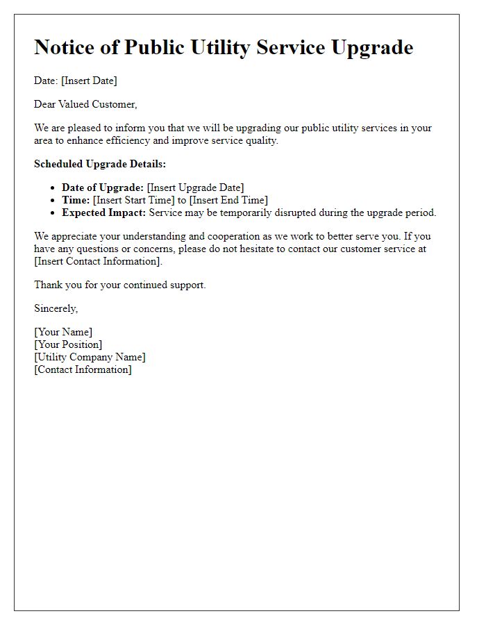 Letter template of notification for public utility service upgrade