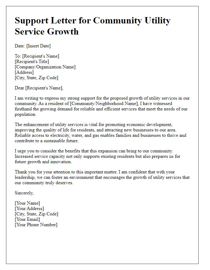 Letter template of support for community utility service growth