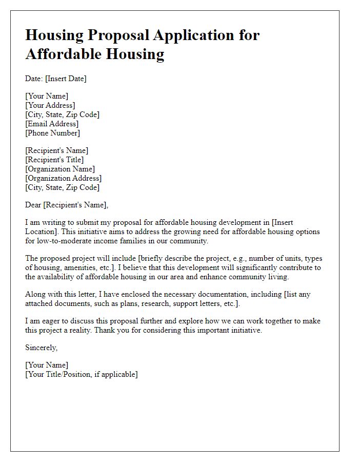 Letter template of housing proposal application for affordable housing.