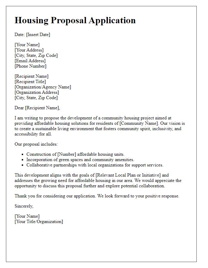 Letter template of housing proposal application for community housing development.