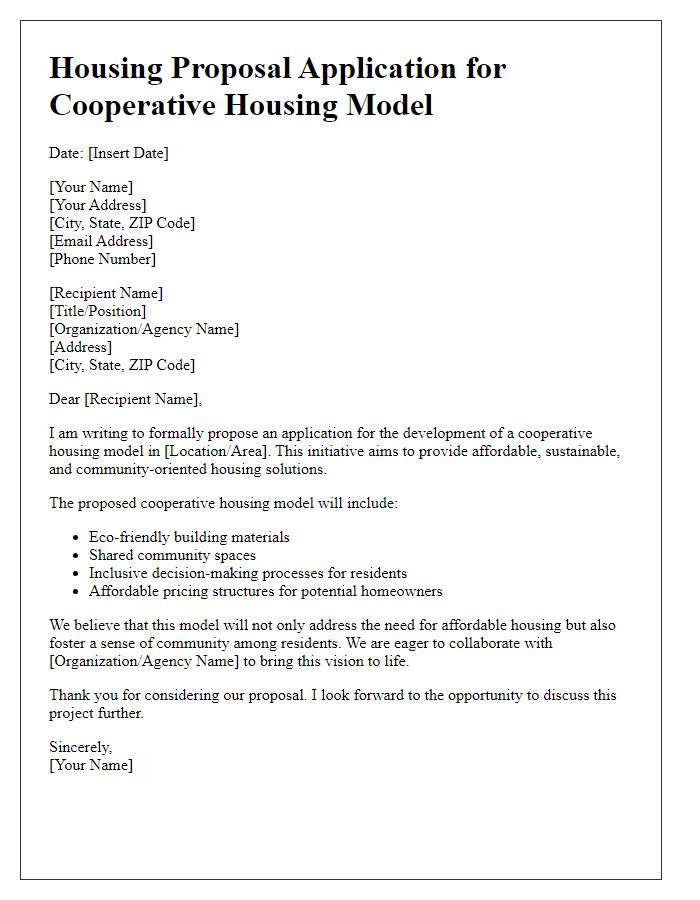 Letter template of housing proposal application for cooperative housing models.