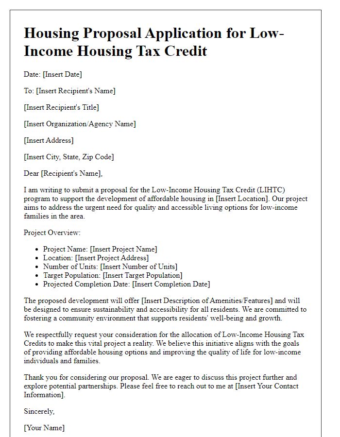 Letter template of housing proposal application for low-income housing tax credit.