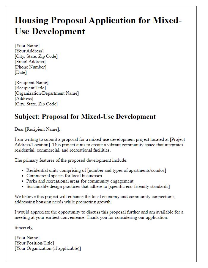 Letter template of housing proposal application for mixed-use development.