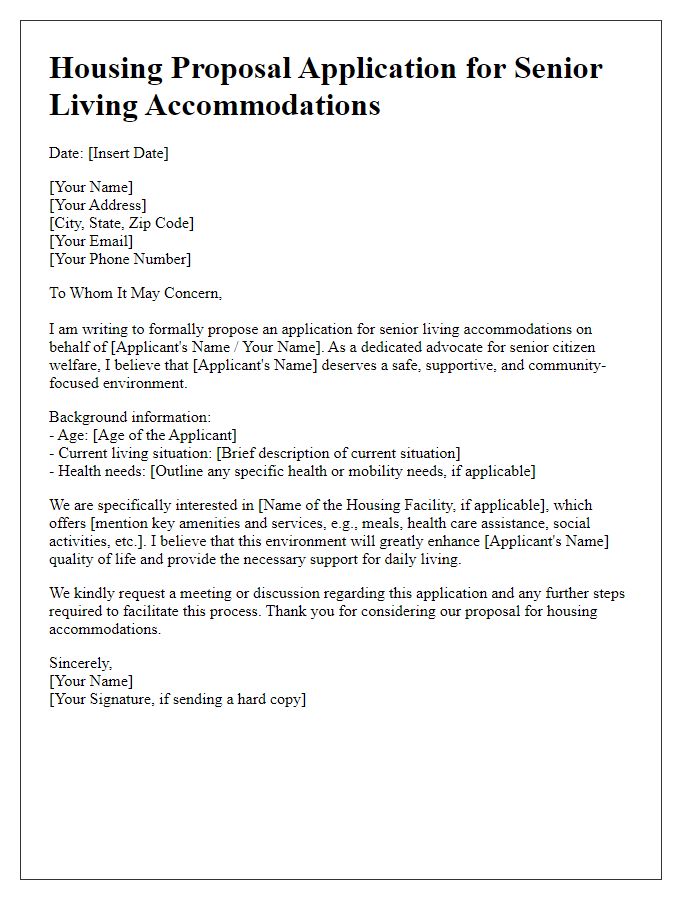 Letter template of housing proposal application for senior living accommodations.