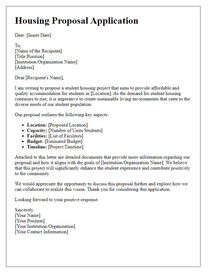 Letter template of housing proposal application for student housing projects.