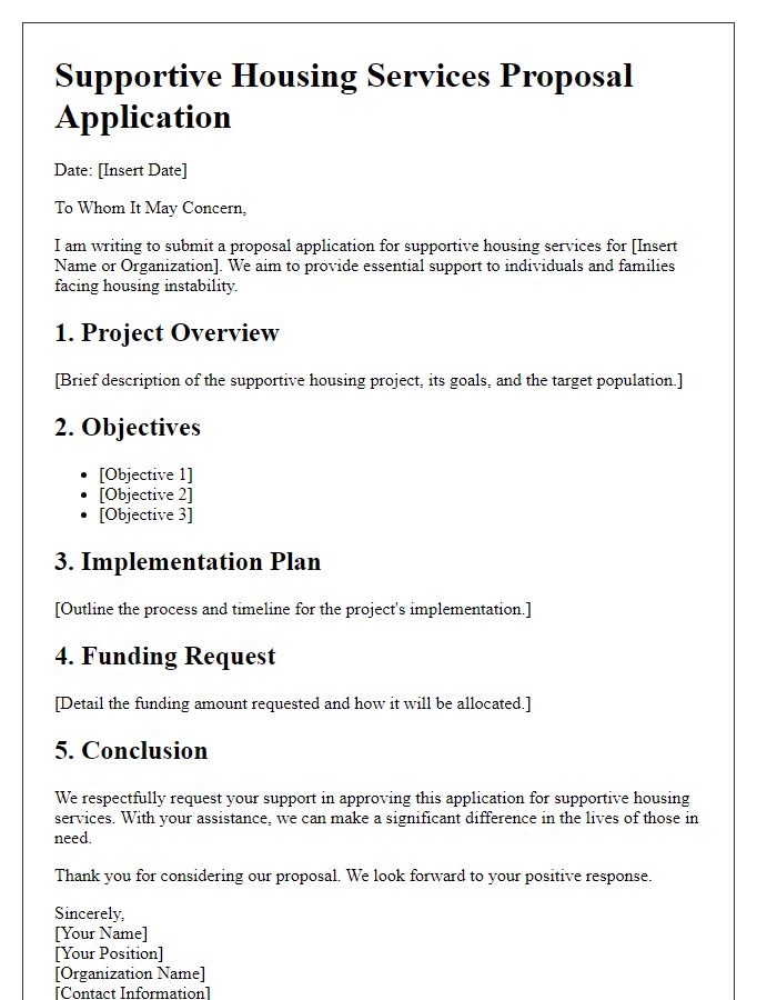 Letter template of housing proposal application for supportive housing services.