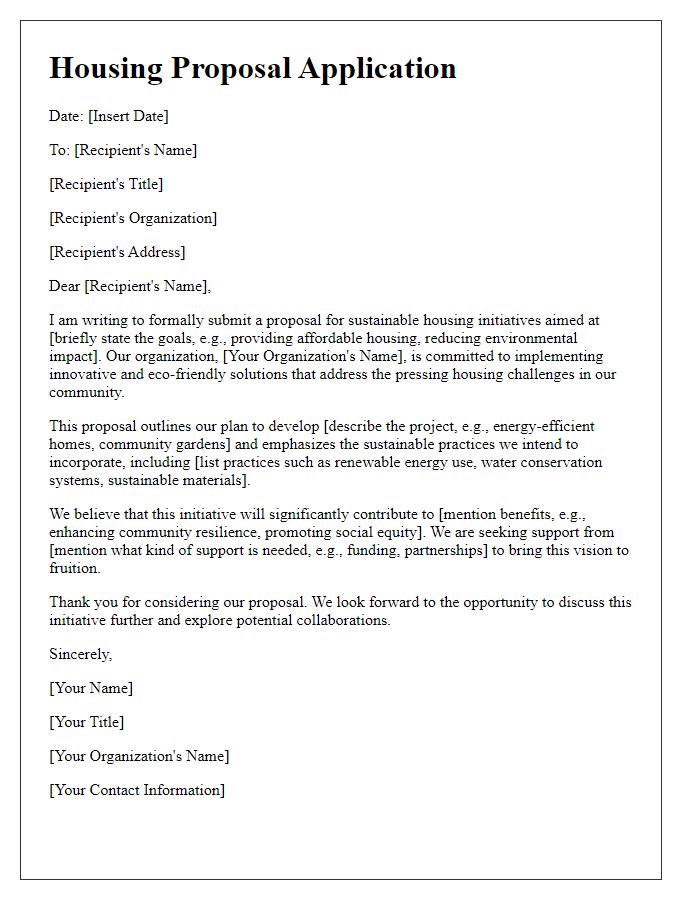 Letter template of housing proposal application for sustainable housing initiatives.