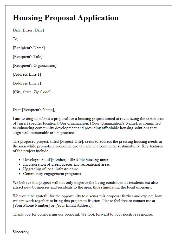 Letter template of housing proposal application for urban revitalization projects.