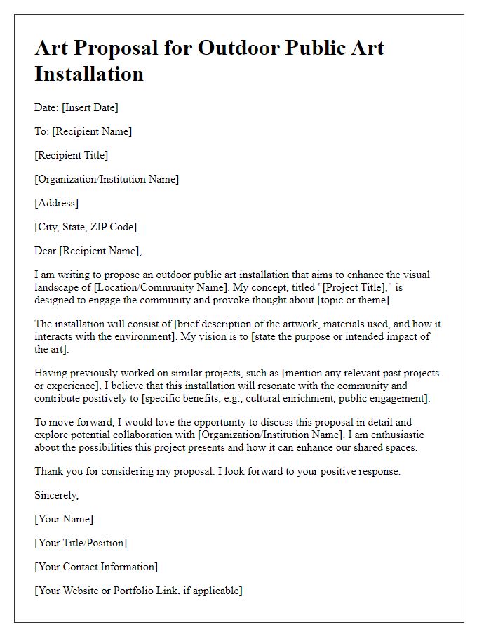 Letter template of art proposal for outdoor public art installation