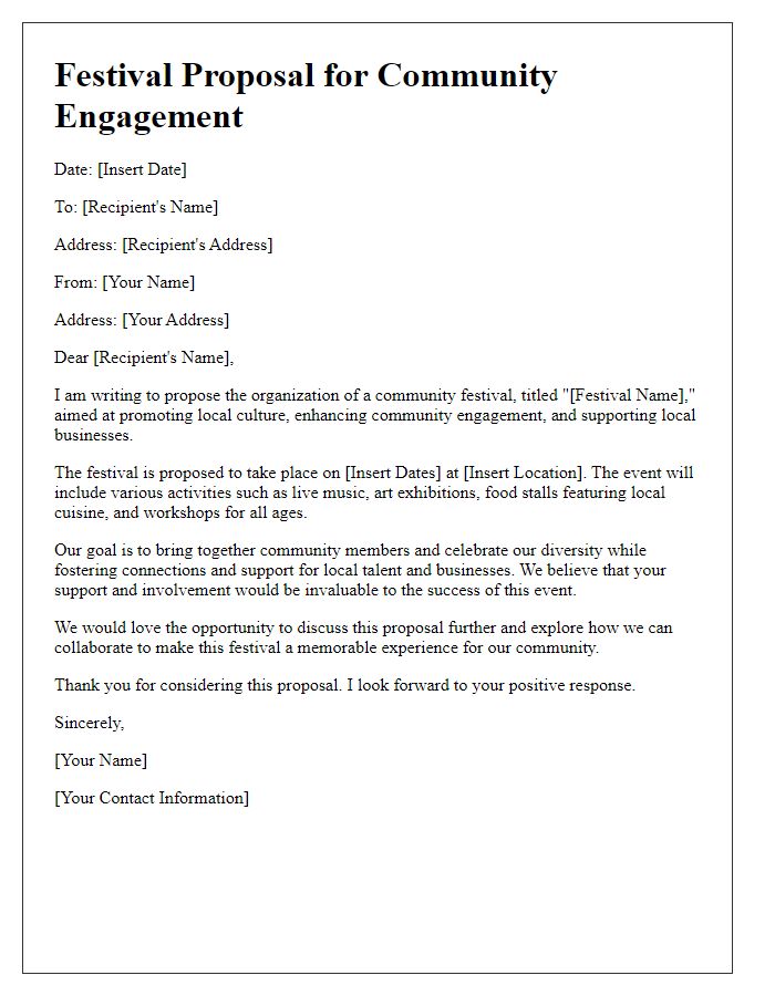 Letter template of festival proposal for community engagement.