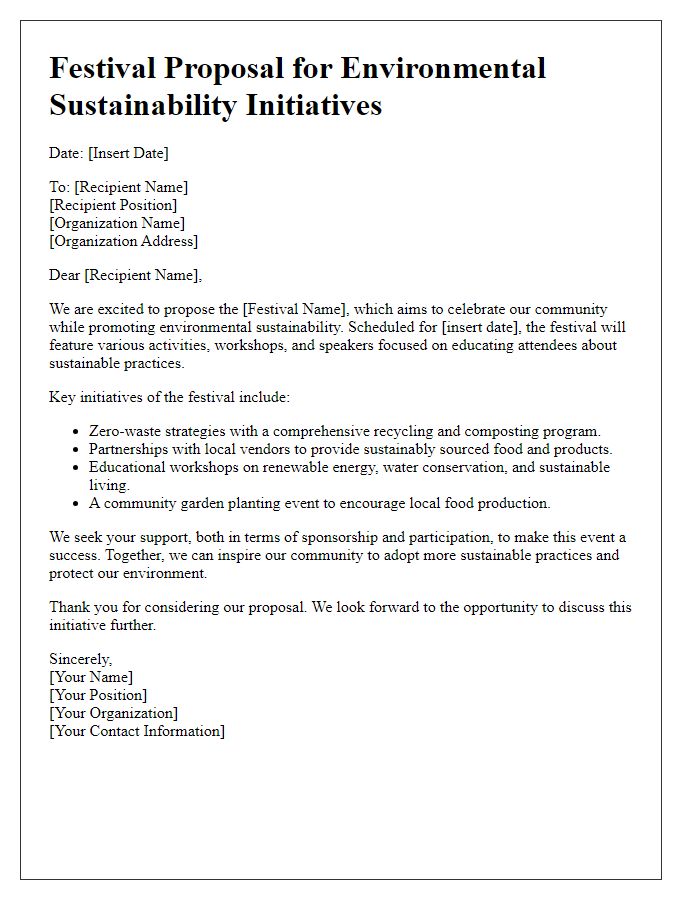 Letter template of festival proposal for environmental sustainability initiatives.