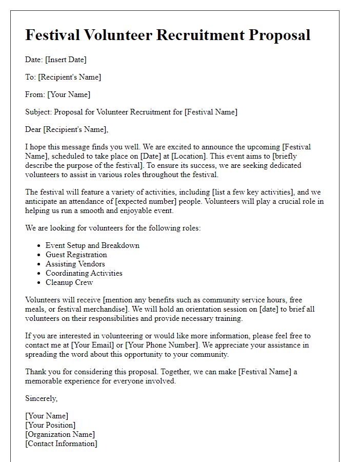 Letter template of festival proposal for volunteer recruitment.