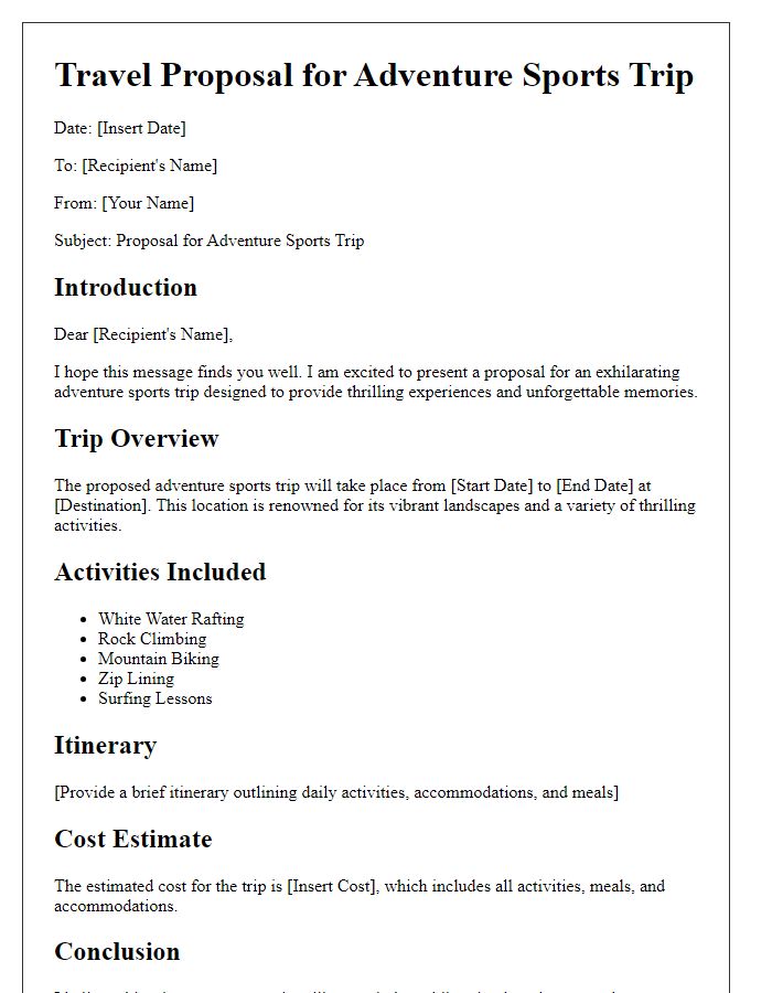 Letter template of travel proposal for adventure sports trips