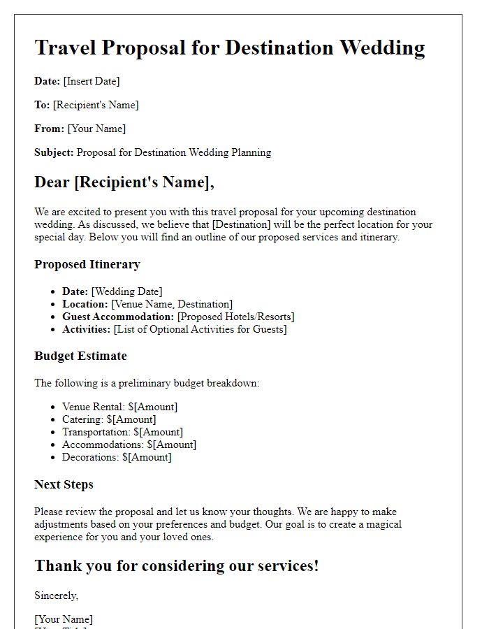 Letter template of travel proposal for destination wedding planning