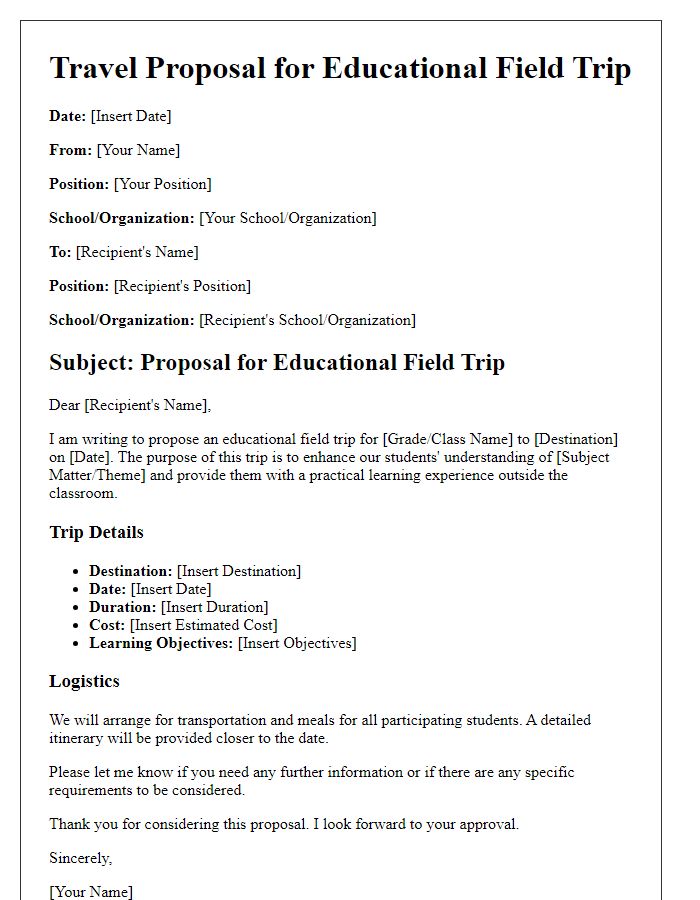 Letter template of travel proposal for educational field trips