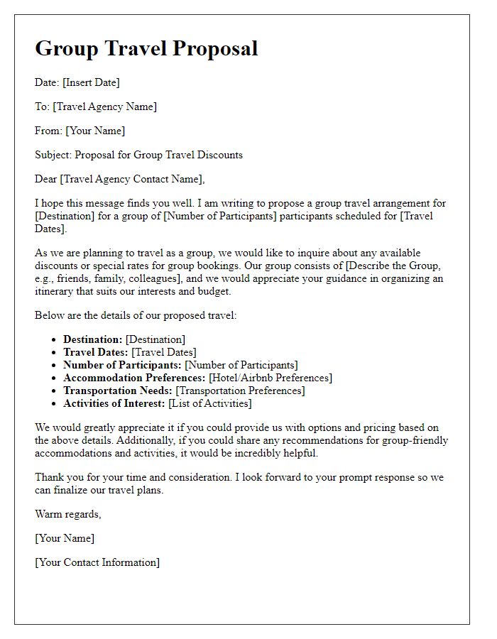 Letter template of travel proposal for group travel discounts