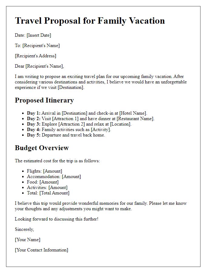 Letter template of travel proposal for leisure family vacations