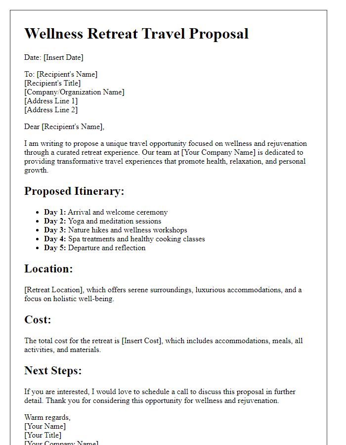 Letter template of travel proposal for wellness retreats