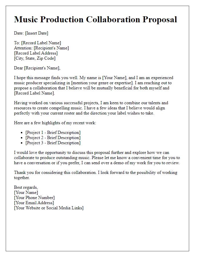 Letter template of music production collaboration proposal for a record label.