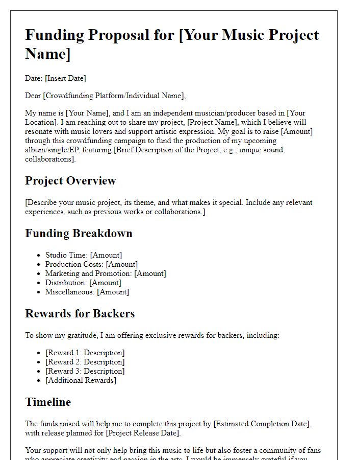 Letter template of music production funding proposal for a crowdfunding campaign.