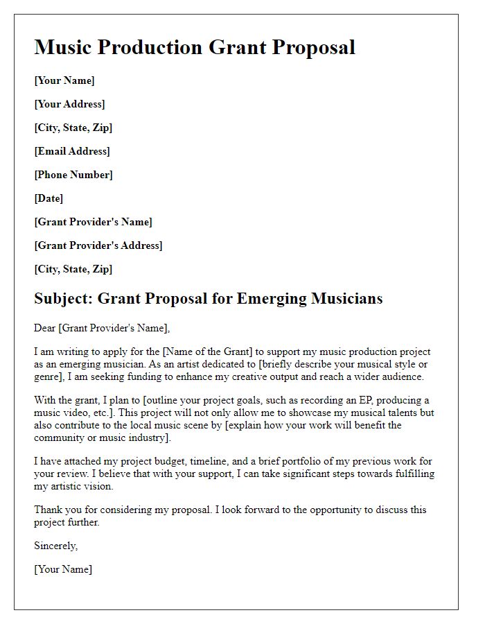 Letter template of music production grant proposal for emerging musicians.