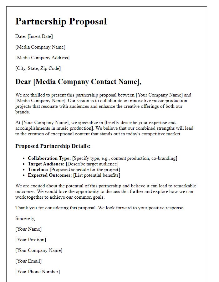 Letter template of music production partnership proposal for a media company.