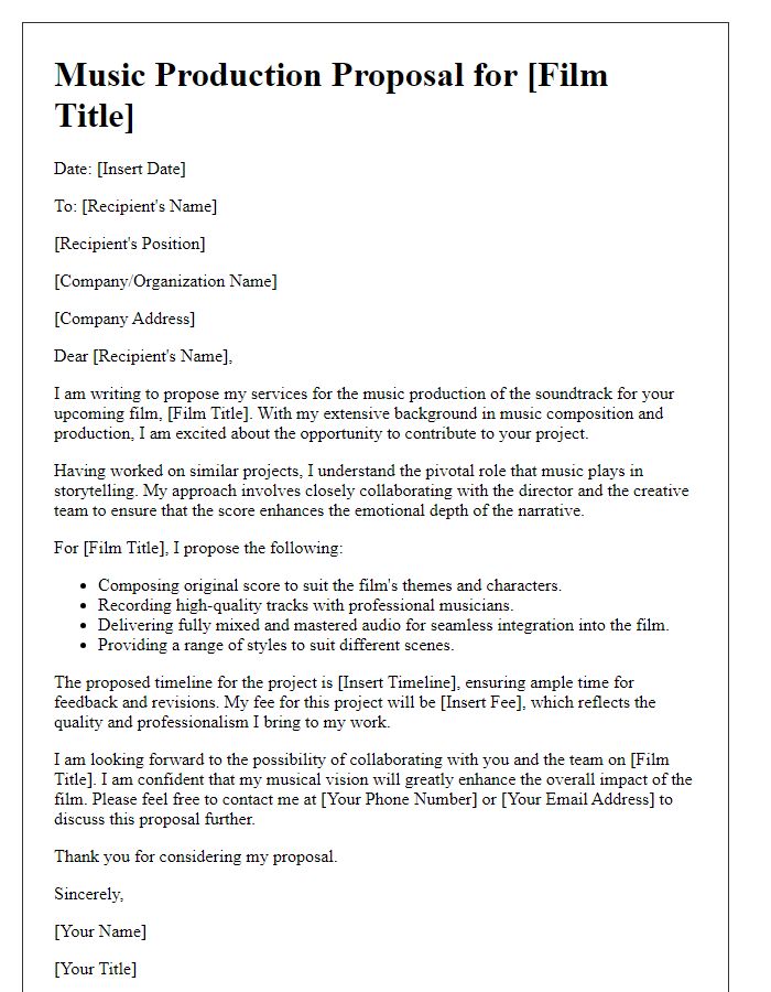 Letter template of music production proposal for a film soundtrack.