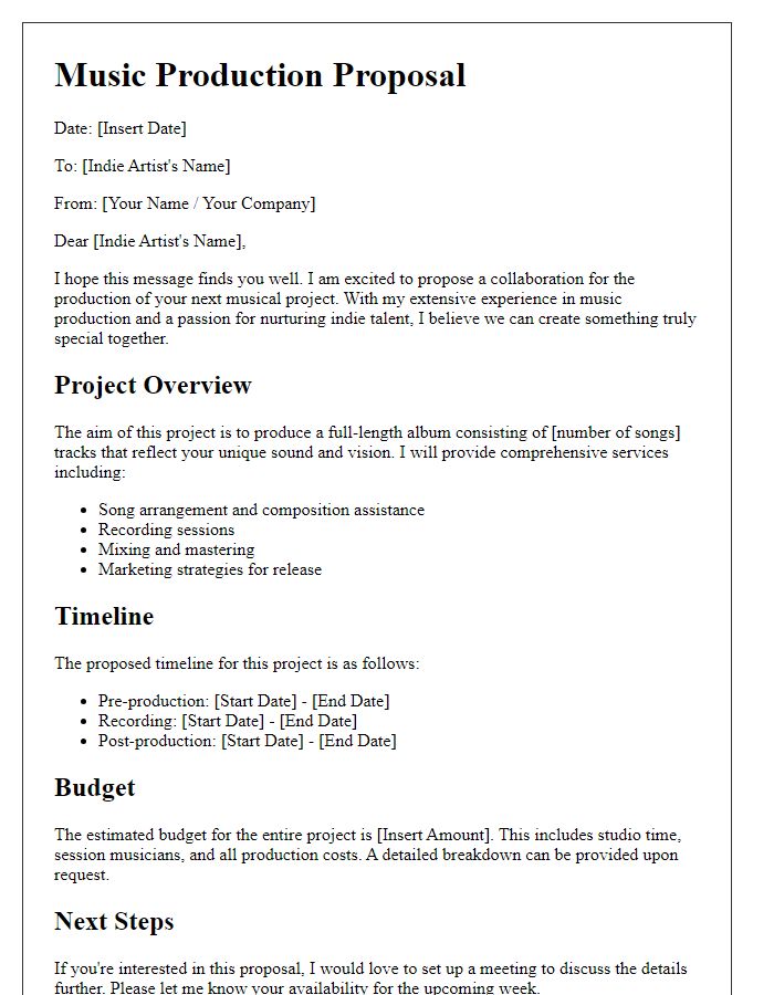 Letter template of music production proposal for an indie artist.