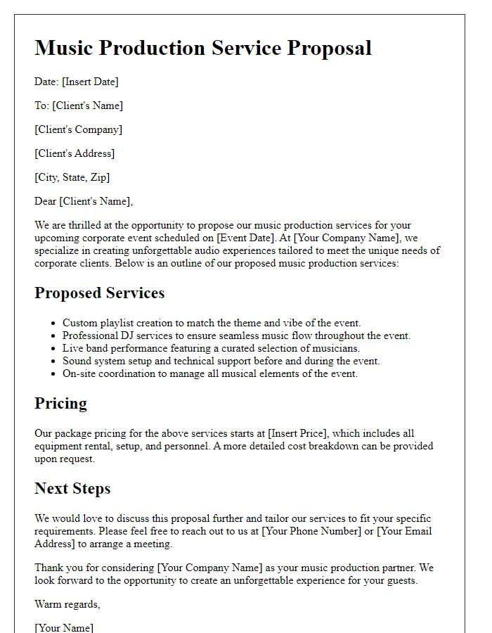 Letter template of music production service proposal for a corporate event.