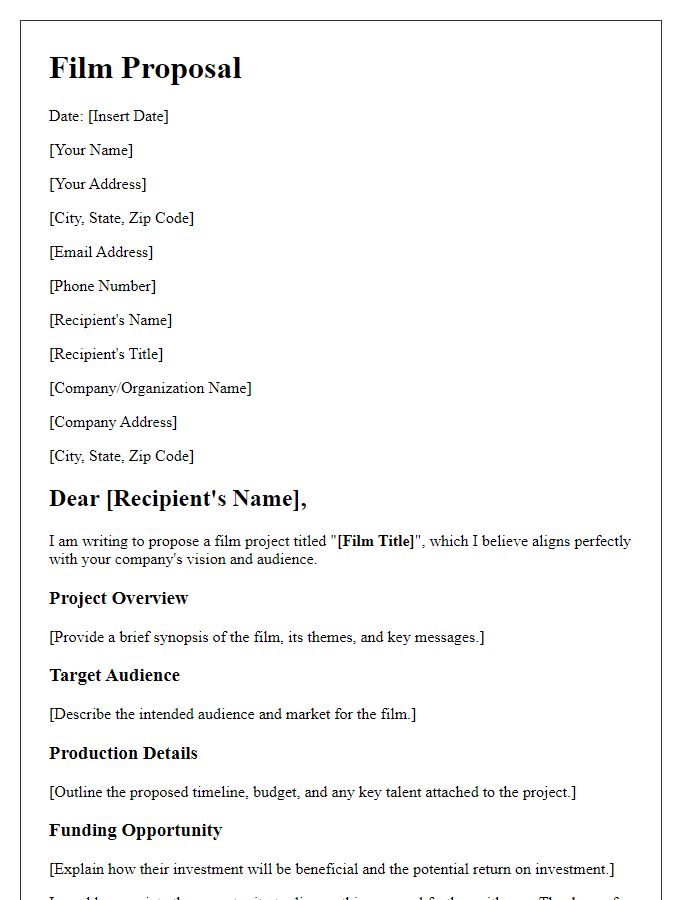 Letter template of film proposal for a commercial project.